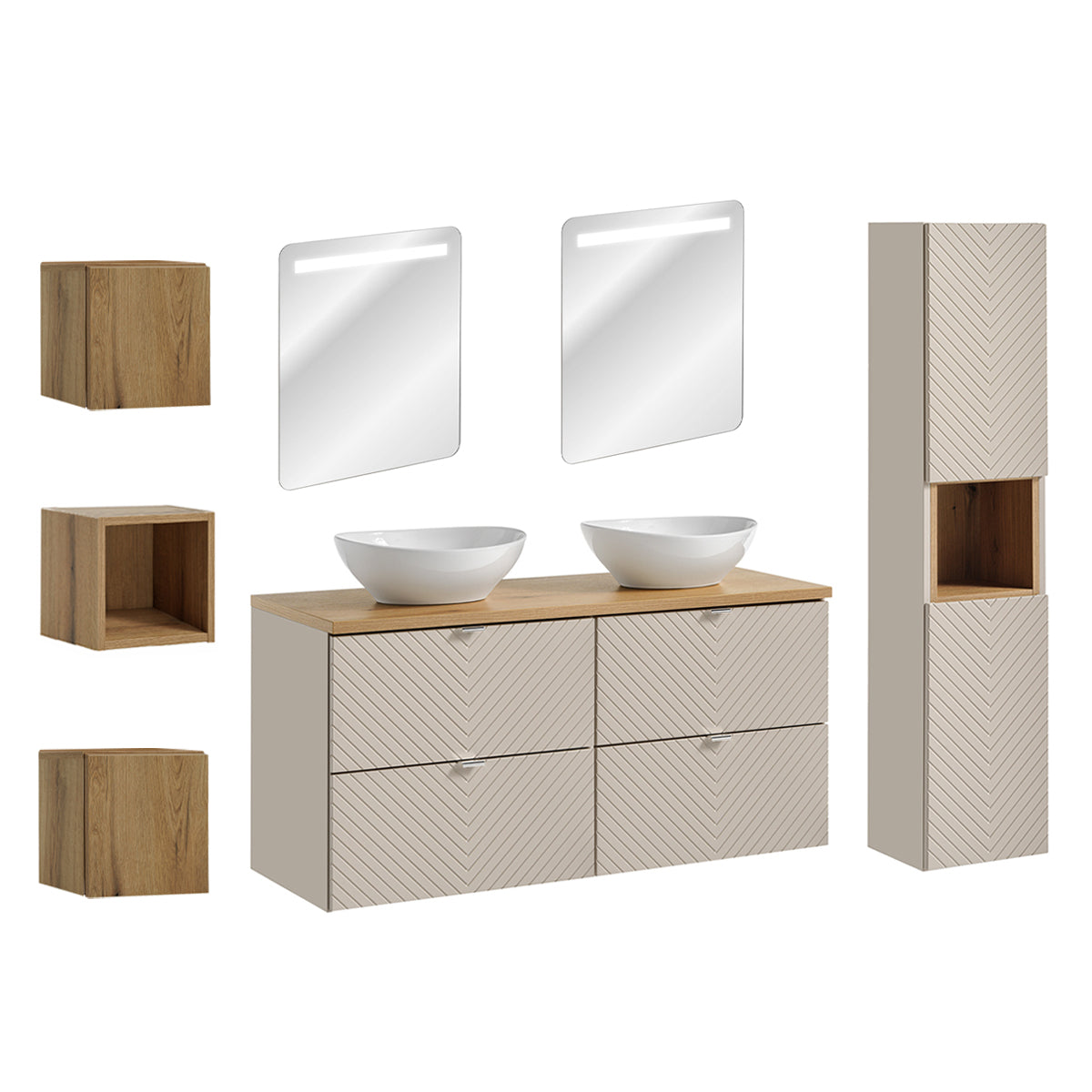 Ensemble meuble double vasque 120cm 4 tiroirs miroirs LED colonne et 3 armoires murales Manoa Cachemire et Bois - vue 2