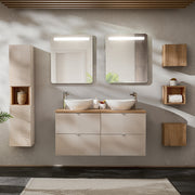 Ensemble meuble double vasque 120cm 4 tiroirs miroirs LED colonne et 3 armoires murales Manoa Cachemire et Bois