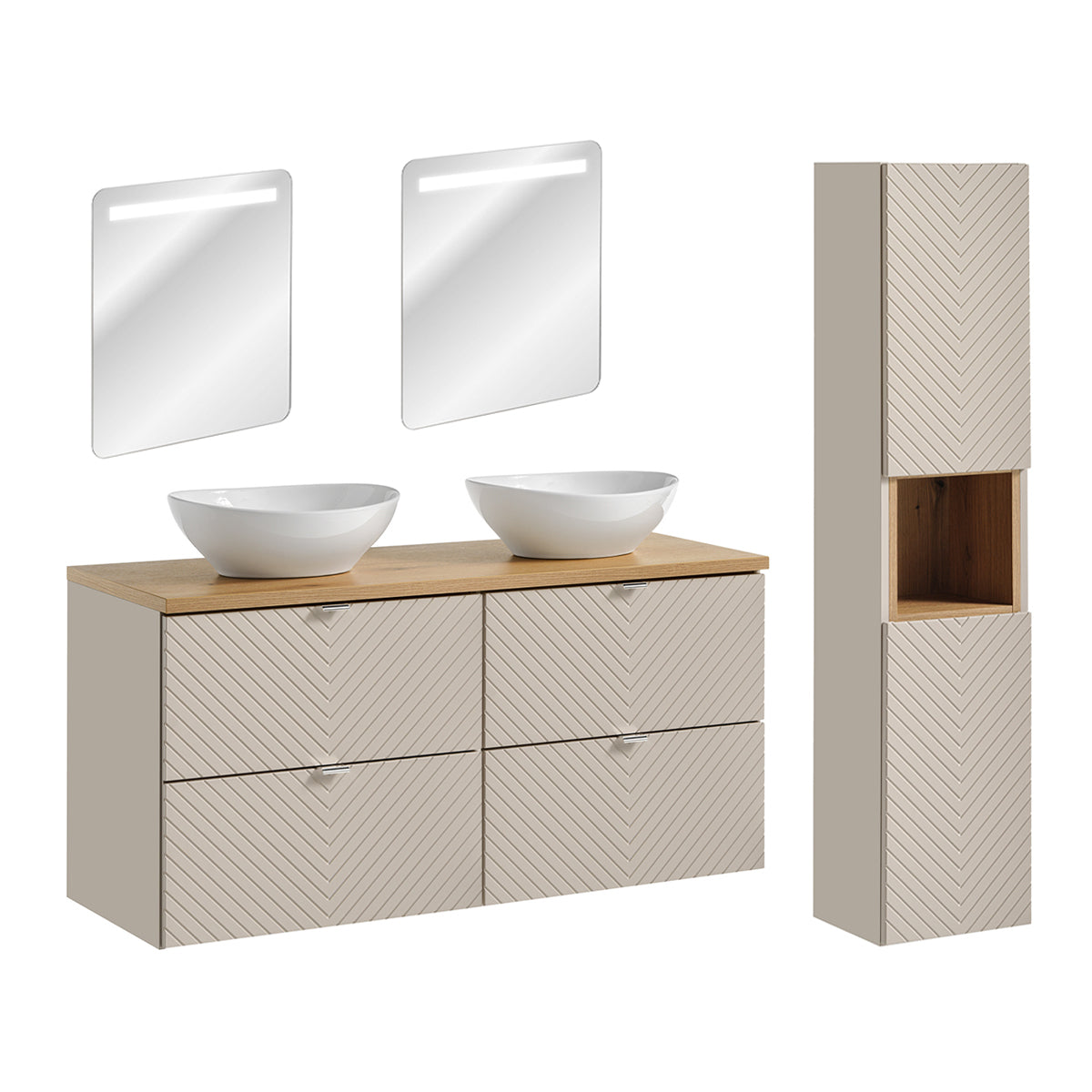 Ensemble meuble double vasque 120cm 4 tiroirs miroirs LED et colonne Manoa Cachemire et Bois - vue 2
