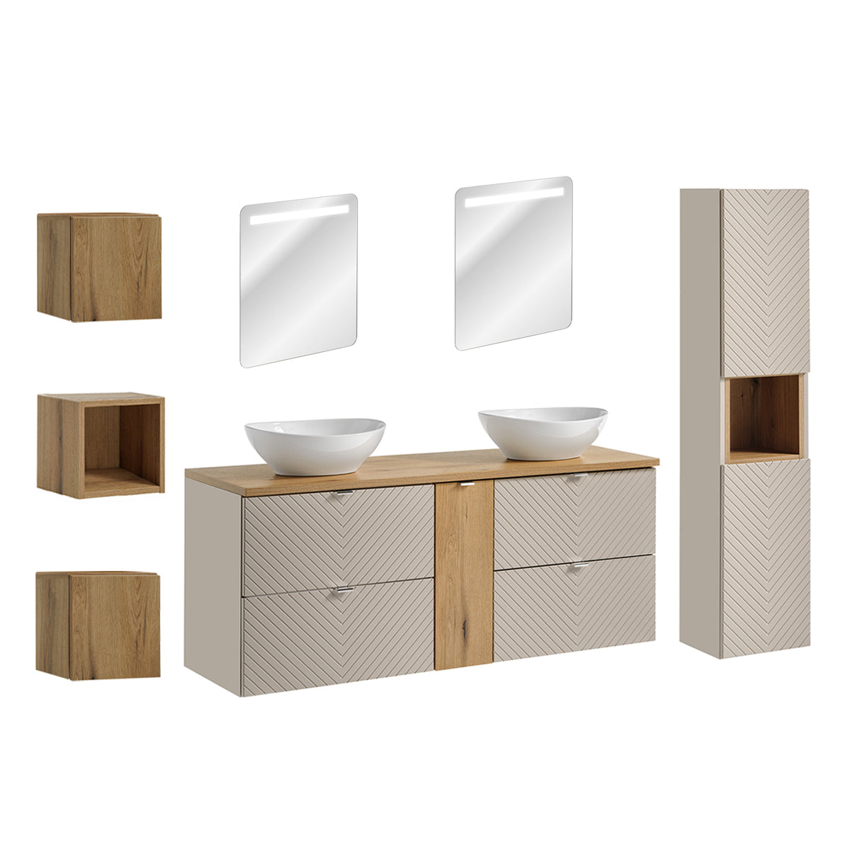 Ensemble meuble double vasque 140cm 4 tiroirs miroirs LED colonne et 3 armoires murales Manoa Cachemire et Bois - vue 2