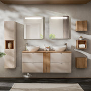 Ensemble meuble double vasque 140cm 4 tiroirs miroirs LED colonne et 3 armoires murales Manoa Cachemire et Bois
