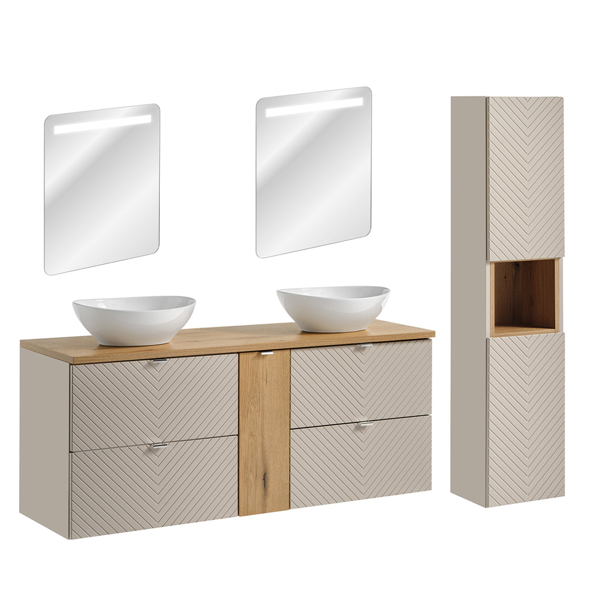 Ensemble meuble double vasque 140cm 4 tiroirs 1 porte miroirs LED et colonne Manoa Cachemire et bois - vue 2