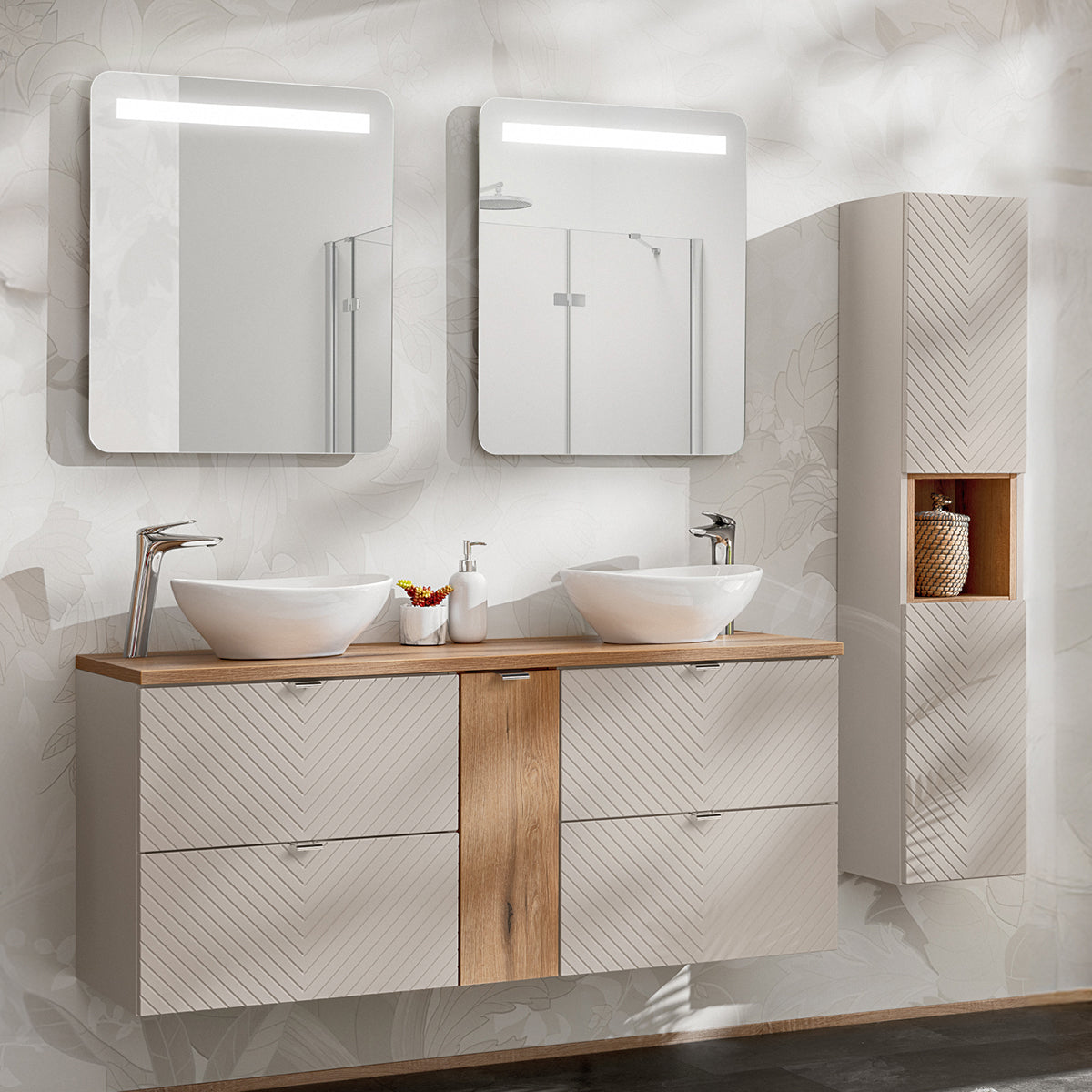 Ensemble meuble double vasque 140cm 4 tiroirs 1 porte miroirs LED et colonne Manoa Cachemire et bois