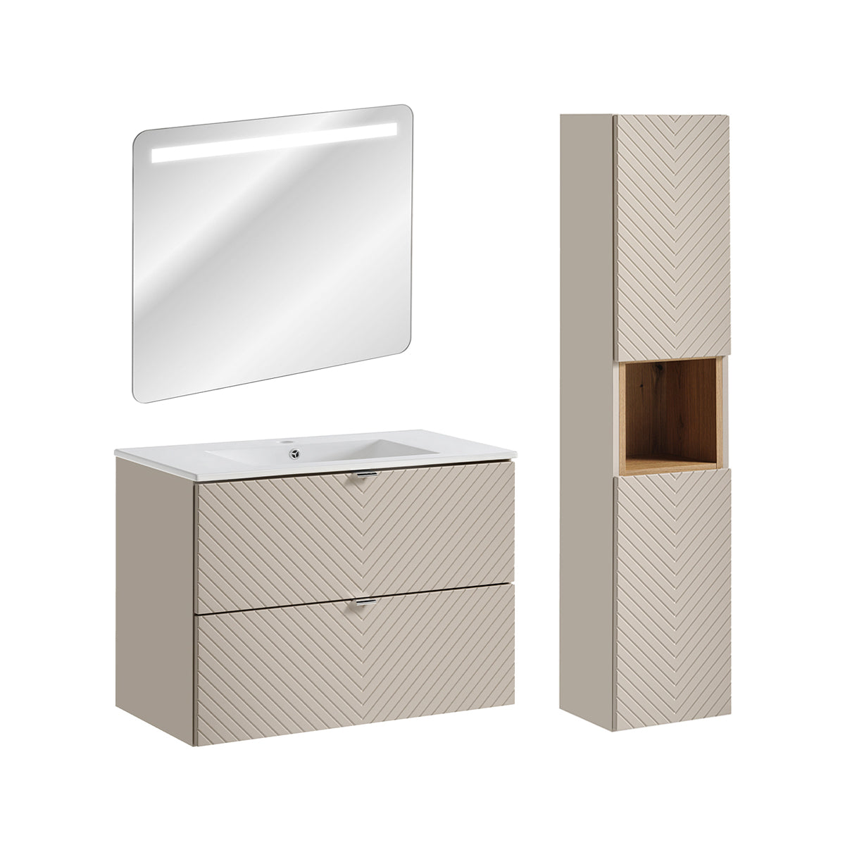 Ensemble meuble simple vasque encastrée 80cm 2 tiroirs miroir LED et colonne Manoa Cachemire et Bois - vue 2