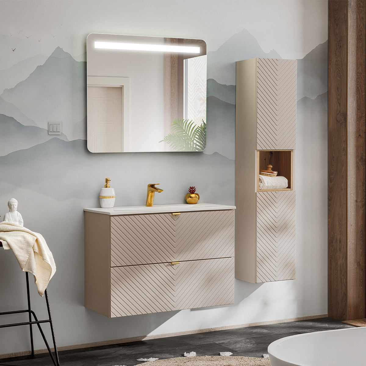 Ensemble meuble simple vasque encastrée 80cm 2 tiroirs et colonne Manoa Cachemire et Bois