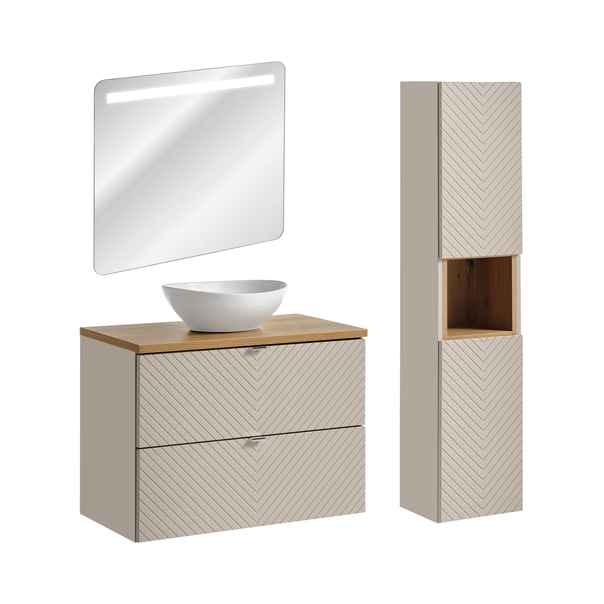 Ensemble meuble simple vasque 80cm 2 tiroirs miroir LED et colonne Manoa Cachemire et Bois - vue 2