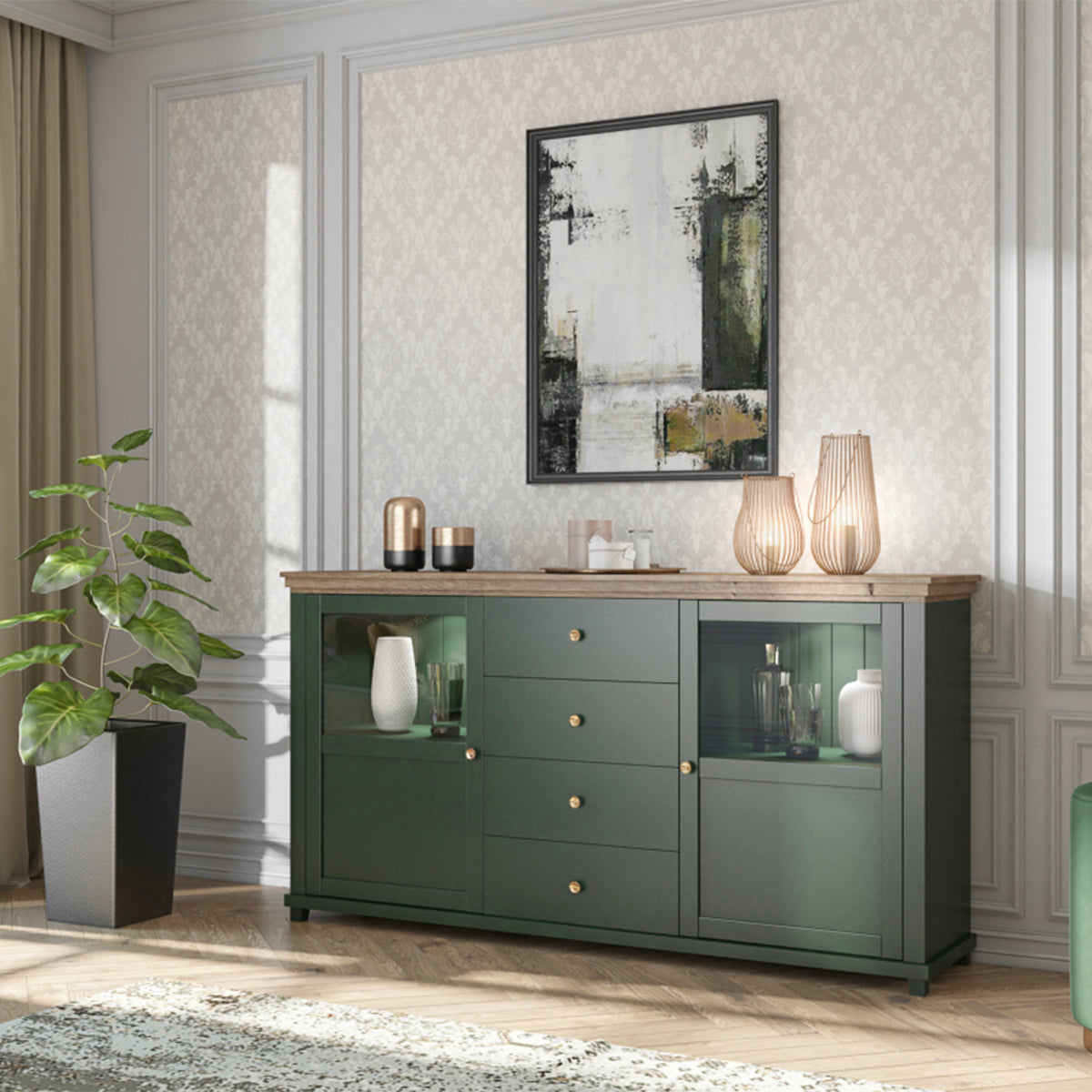 Buffet 2 portes 4 tiroirs Martin Vert et Bois - vue 4