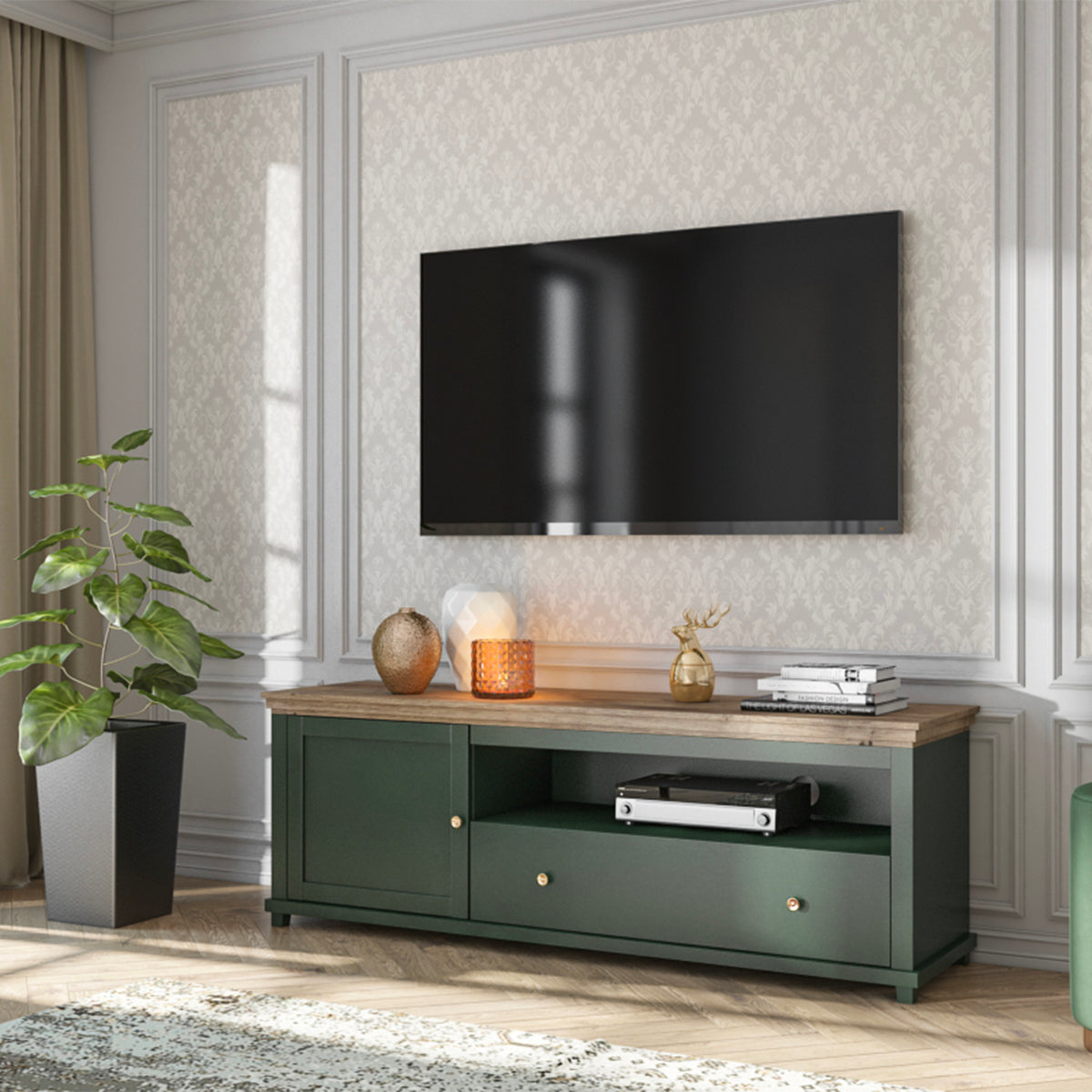 Meuble TV 1 porte 1 tiroir 181 cm Martin Vert et Bois - vue 4