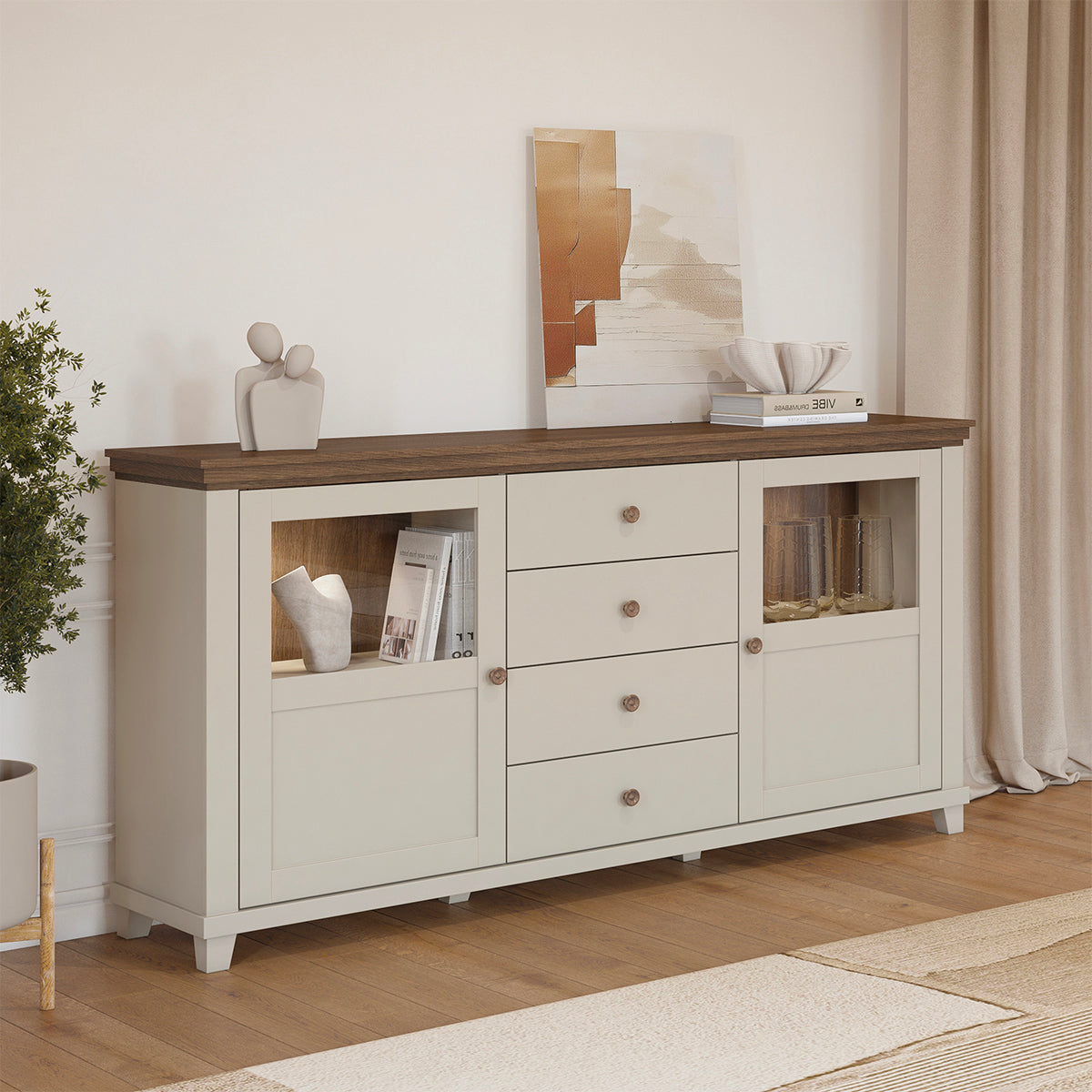 Buffet 2 portes 4 tiroirs Martin Beige et Bois - vue 2