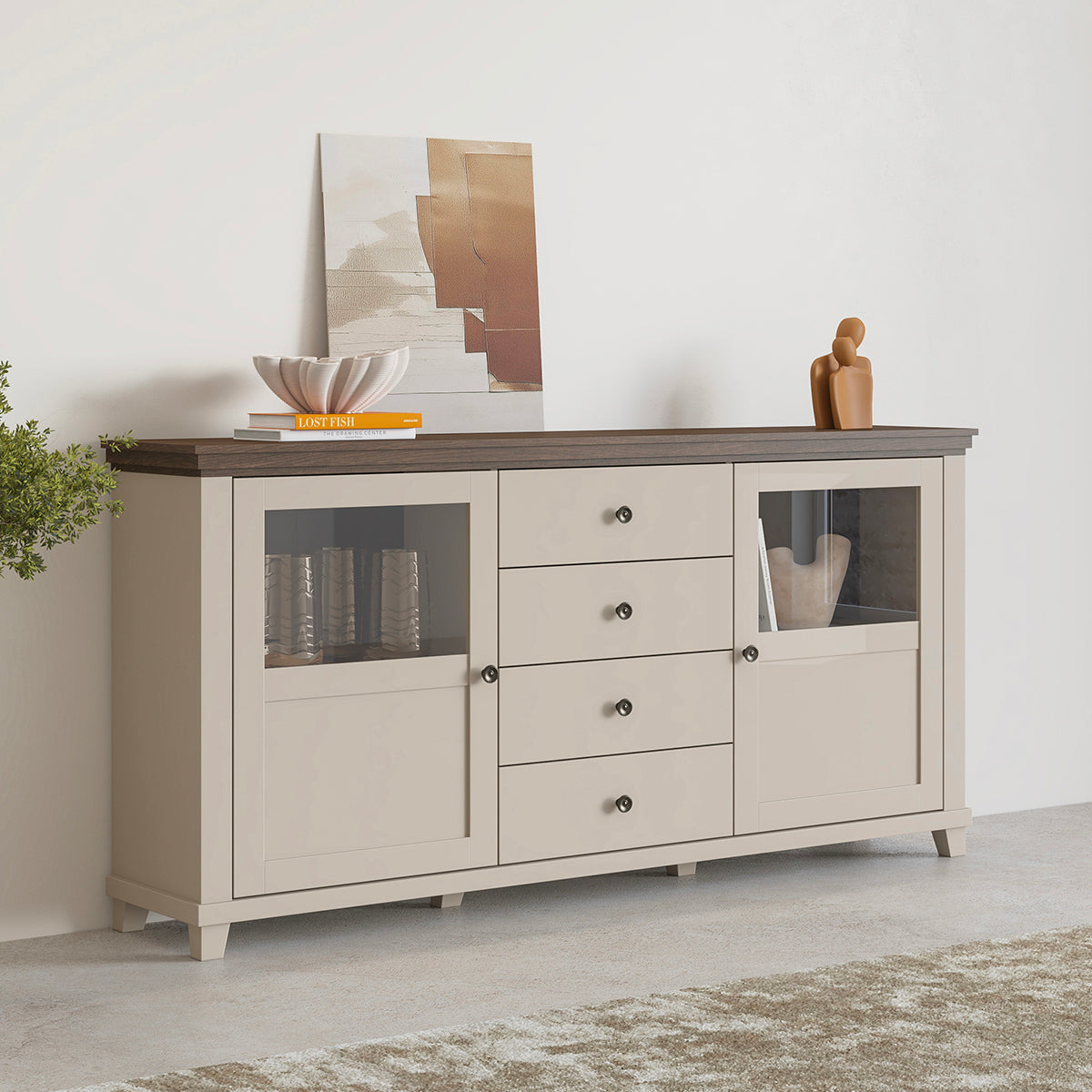 Buffet 2 portes 4 tiroirs Martin Beige et Bois - vue 4