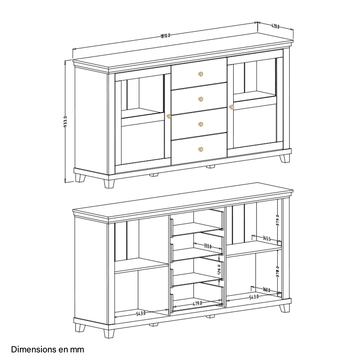 Buffet 2 portes 4 tiroirs Martin Beige et Bois - vue 6