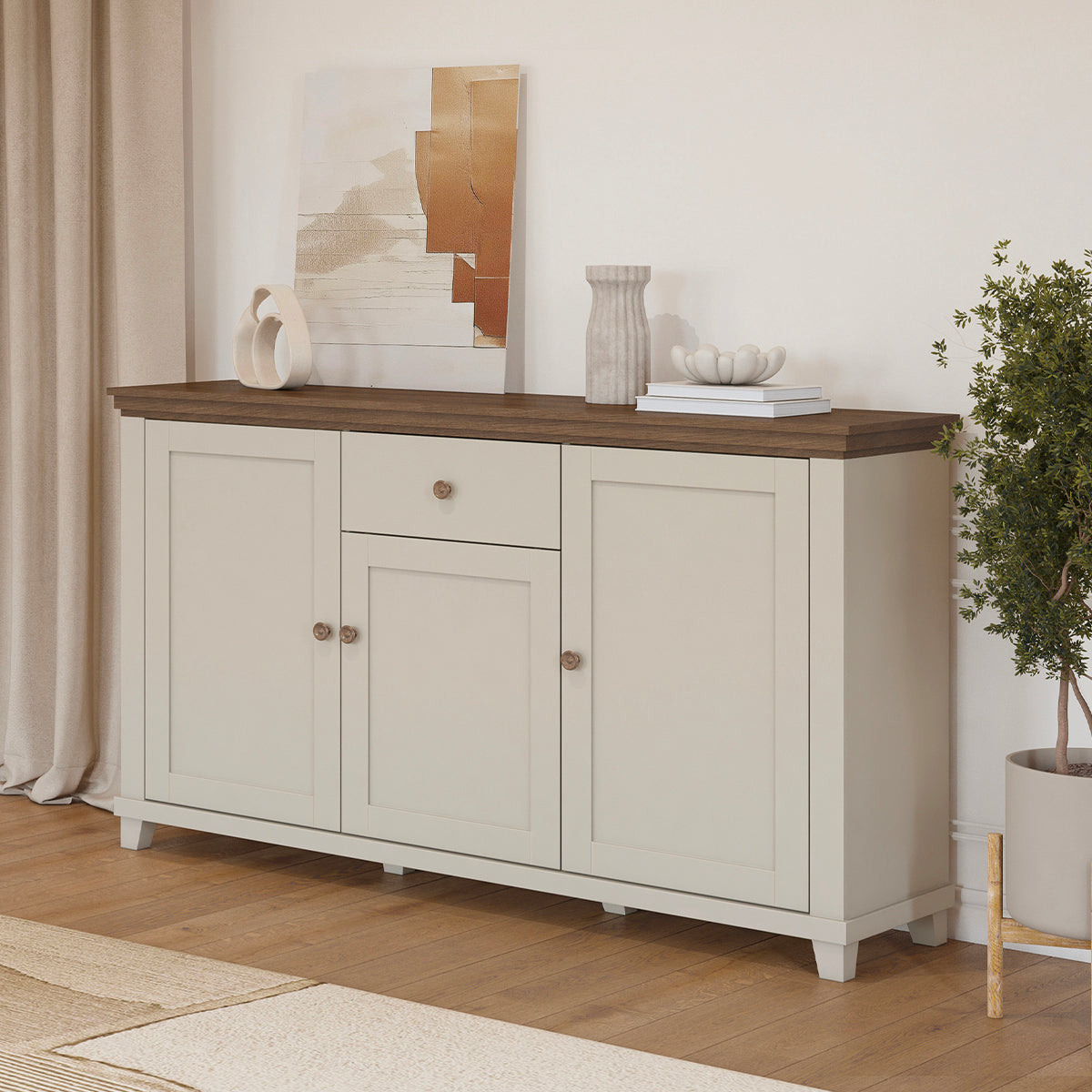 Buffet 3 portes 1 tiroir Martin Beige et Bois - vue 2