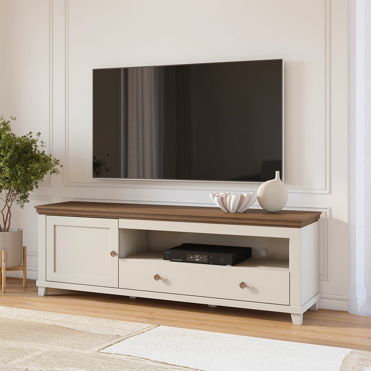 Meuble TV 1 porte 1 tiroir 181 cm Martin Beige et Bois - vue 2