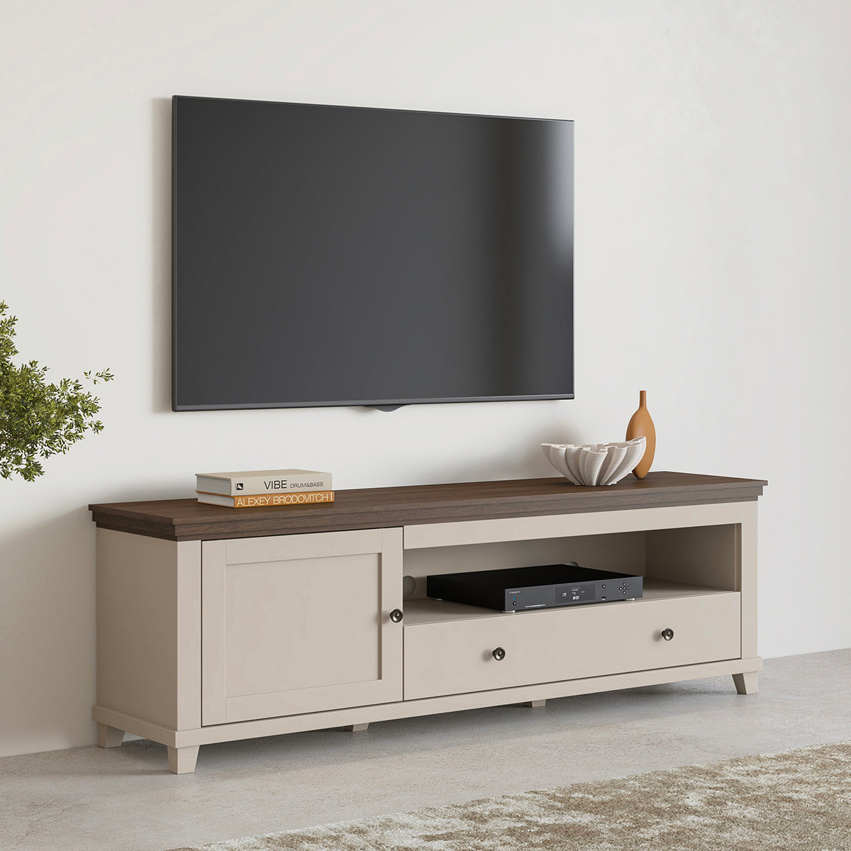 Meuble TV 1 porte 1 tiroir 181 cm Martin Beige et Bois - vue 4