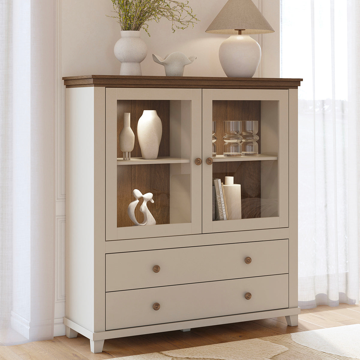 Vaisselier 2 portes 2 tiroirs Martin Beige et Bois - vue 2