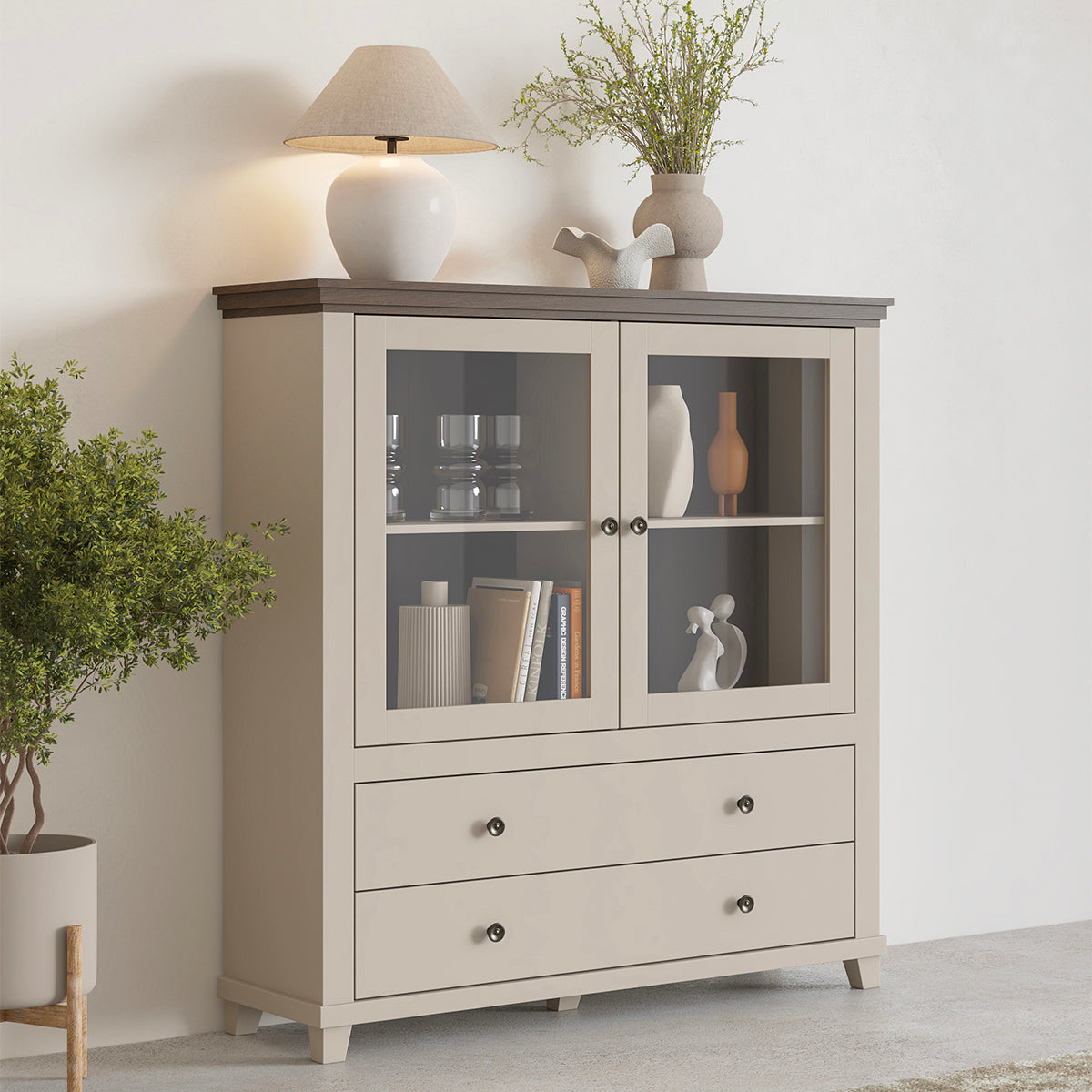Vaisselier 2 portes 2 tiroirs Martin Beige et Bois - vue 4