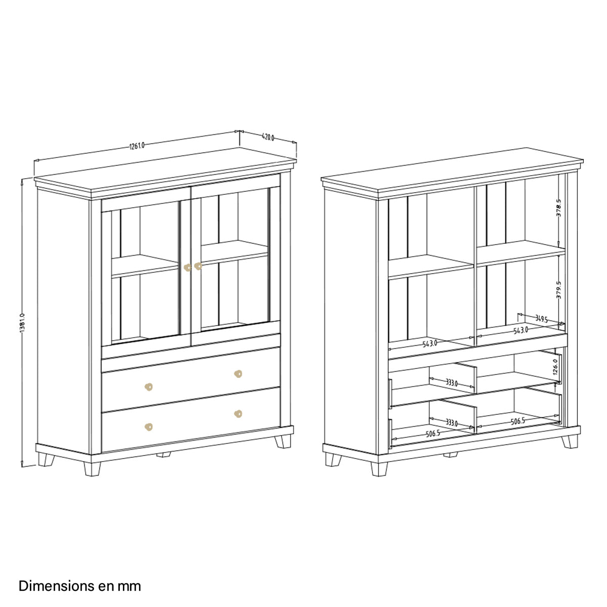 Vaisselier 2 portes 2 tiroirs Martin Beige et Bois - vue 7