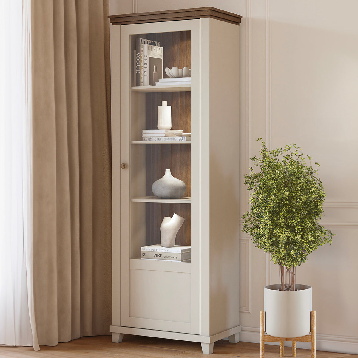 Vitrine 1 porte ouverture droite Martin Beige et Bois - vue 2