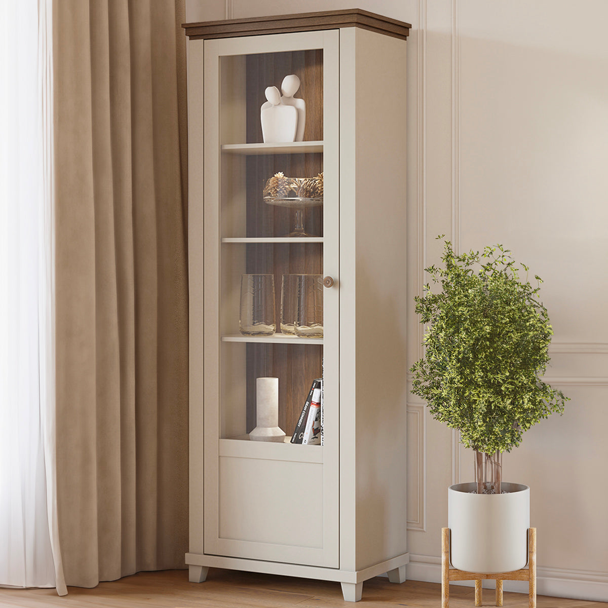 Vitrine 1 porte ouverture gauche Martin Beige et Bois - vue 2