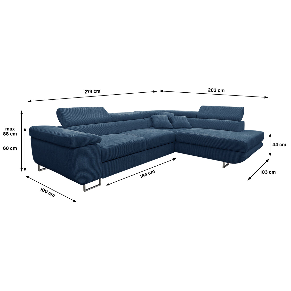 Canapé d'angle convertible droit 4 places coffre Martin velours côtelé Bleu - vue 3