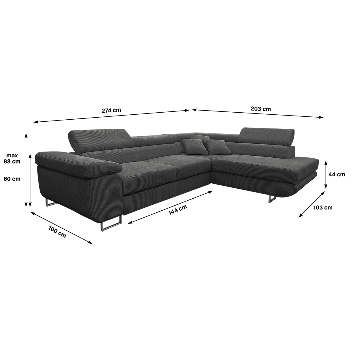 Canapé d'angle convertible droit 4 places coffre Martin velours côtelé Gris foncé - vue 3