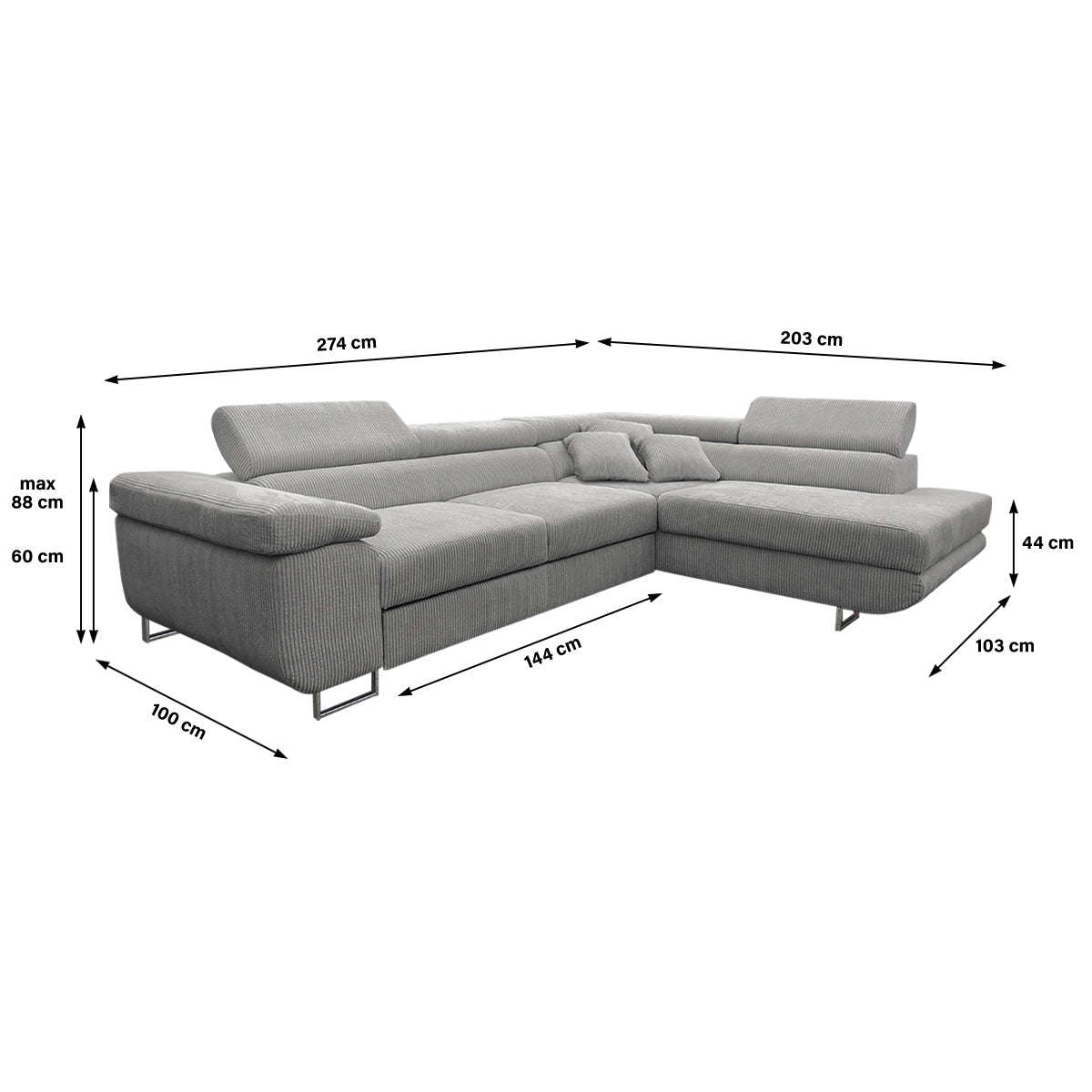 Canapé d'angle convertible droit 4 places coffre Martin velours côtelé Gris Clair - vue 3