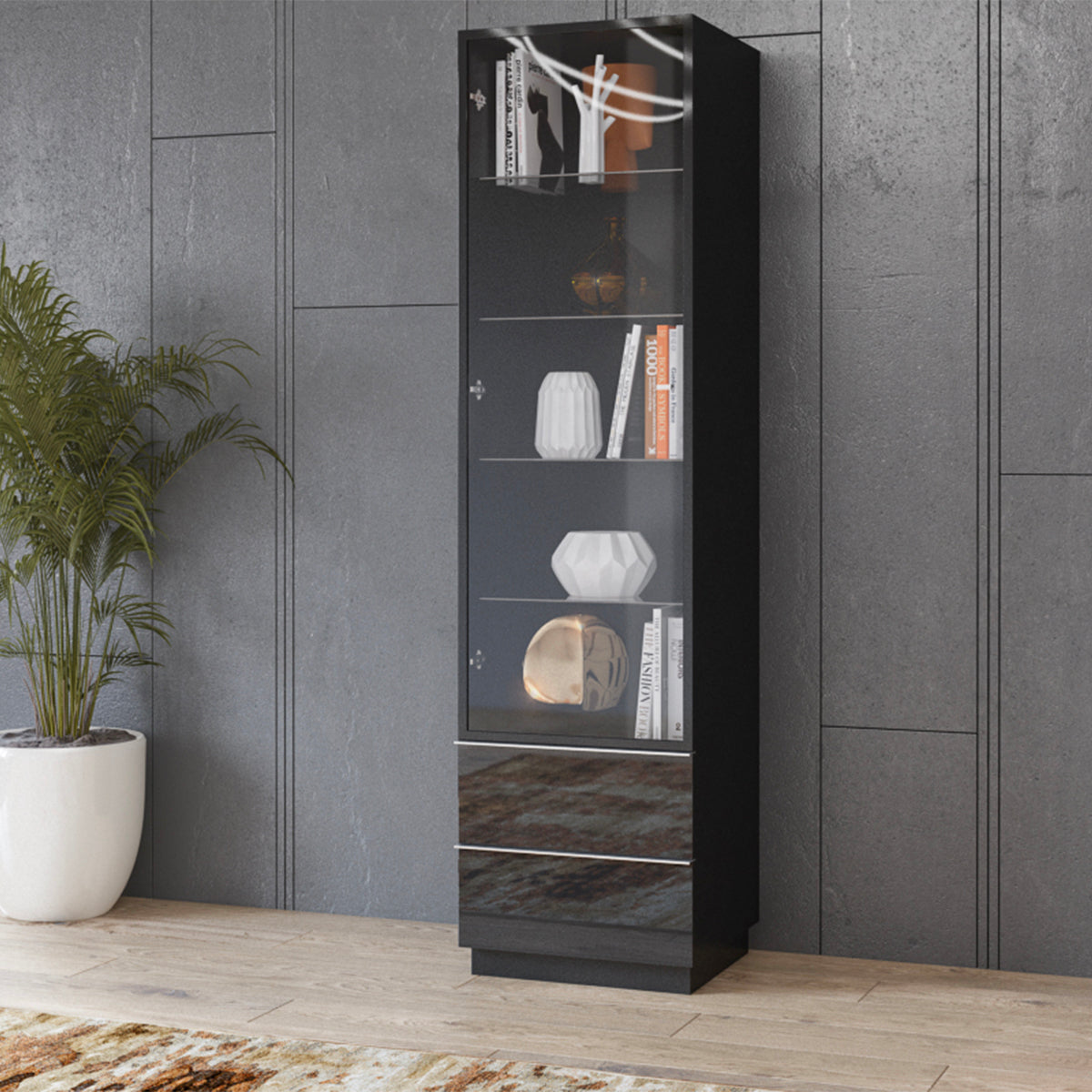 Vitrine 1 porte 2 tiroirs Mathis Noir - vue 2
