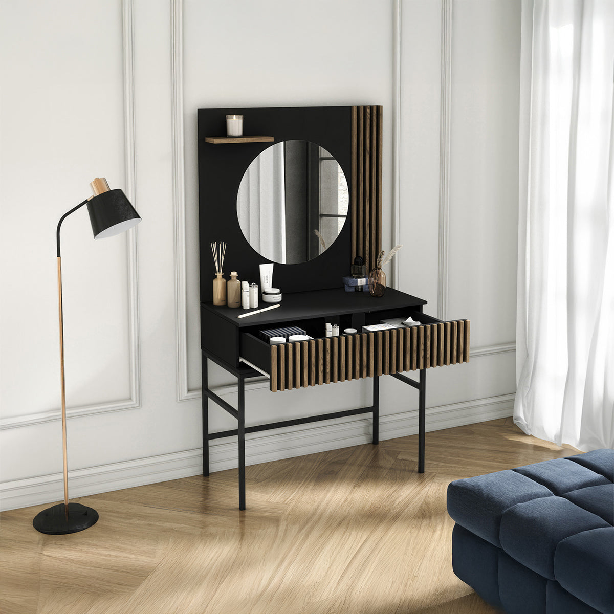 Coiffeuse murale 1 tiroir 1 miroir Melchior Noir et Bois - vue 3