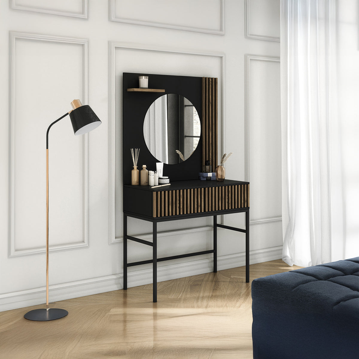 Coiffeuse murale 1 tiroir 1 miroir Melchior Noir et Bois - vue 2