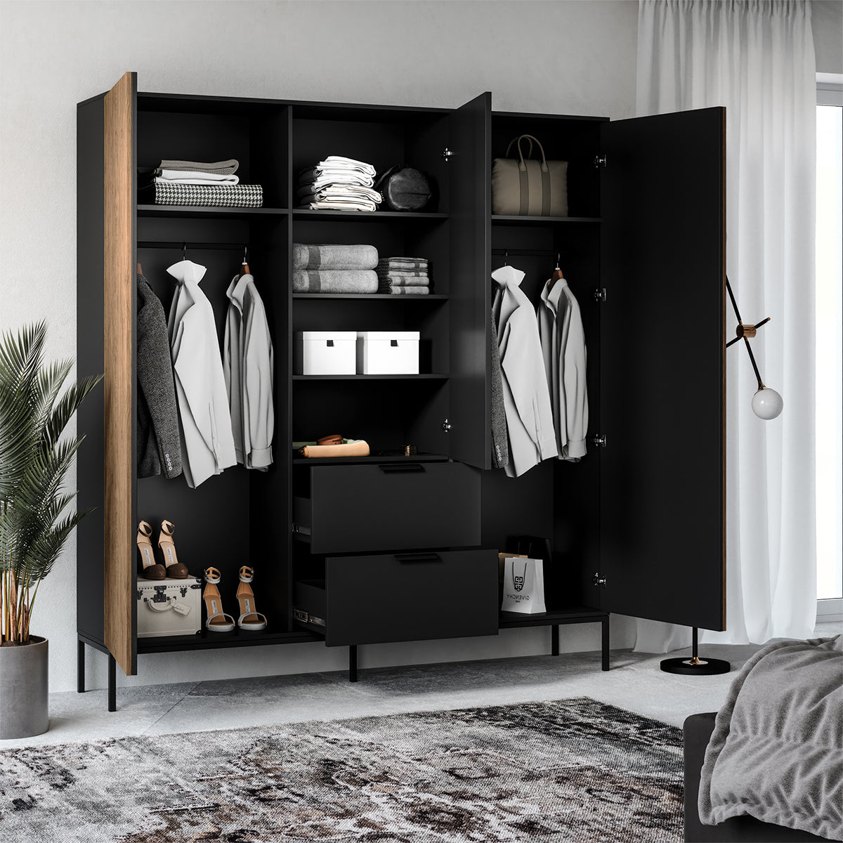 Armoire 3 portes 2 tiroirs Melchior Noir et Bois - vue 3