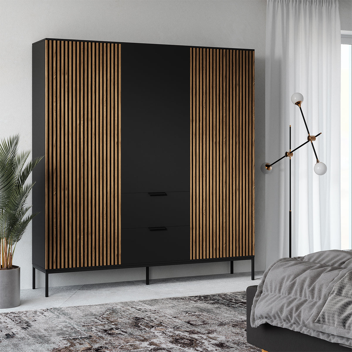 Armoire 3 portes 2 tiroirs Melchior Noir et Bois - vue 2