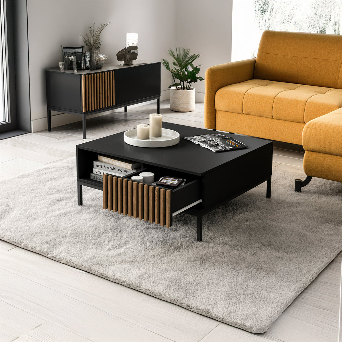 Table basse 1 tiroir 1 niche Melchior Noir et Bois - vue 3