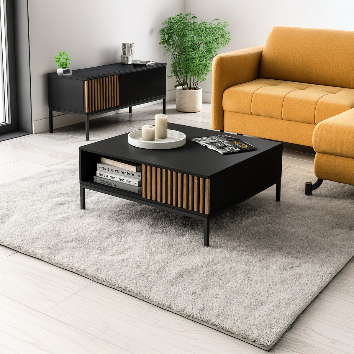 Table basse 1 tiroir 1 niche Melchior Noir et Bois - vue 2