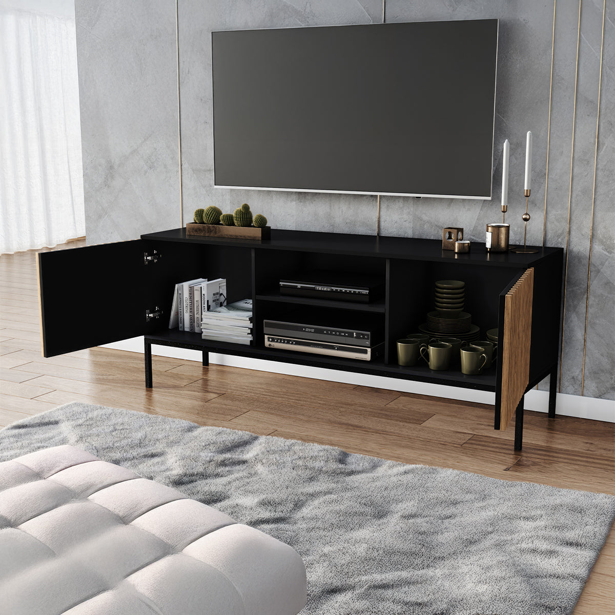 Meuble TV 150 cm 2 portes Melchior Noir et Bois - vue 3