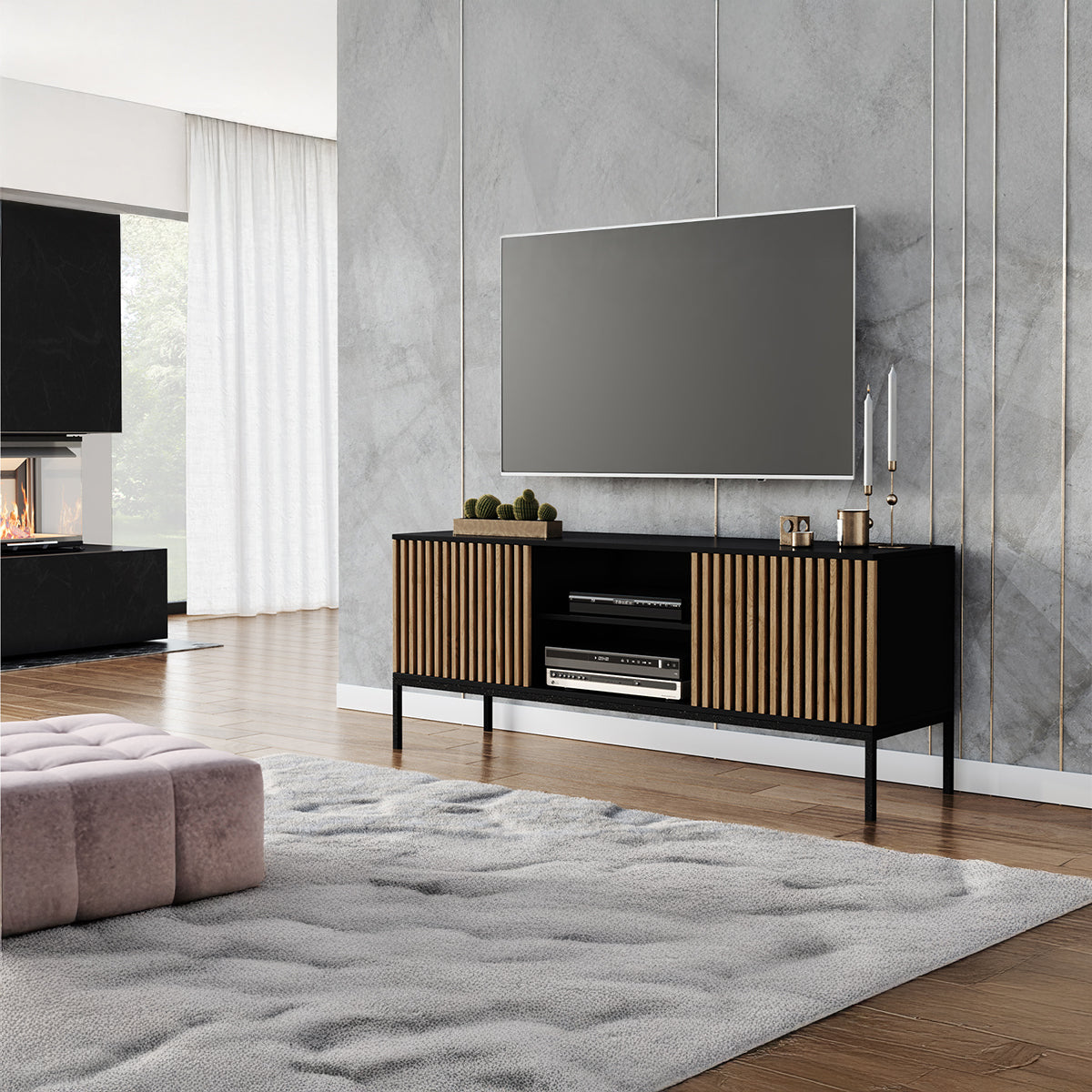 Meuble TV 150 cm 2 portes Melchior Noir et Bois - vue 2