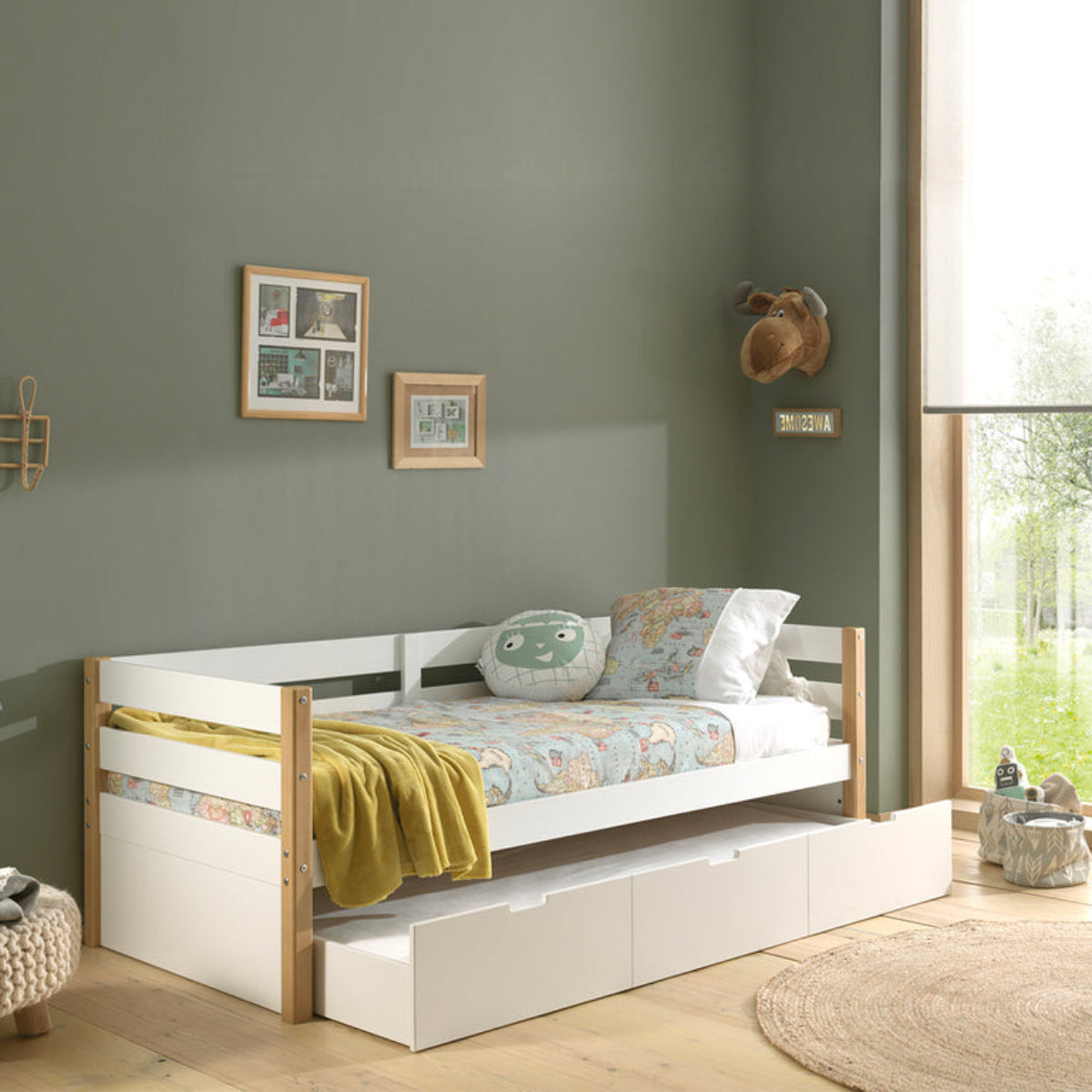 Lit banquette 90x200 sommier et tiroir de lit inclus Vipack Margrit - Blanc et Bois - vue 3