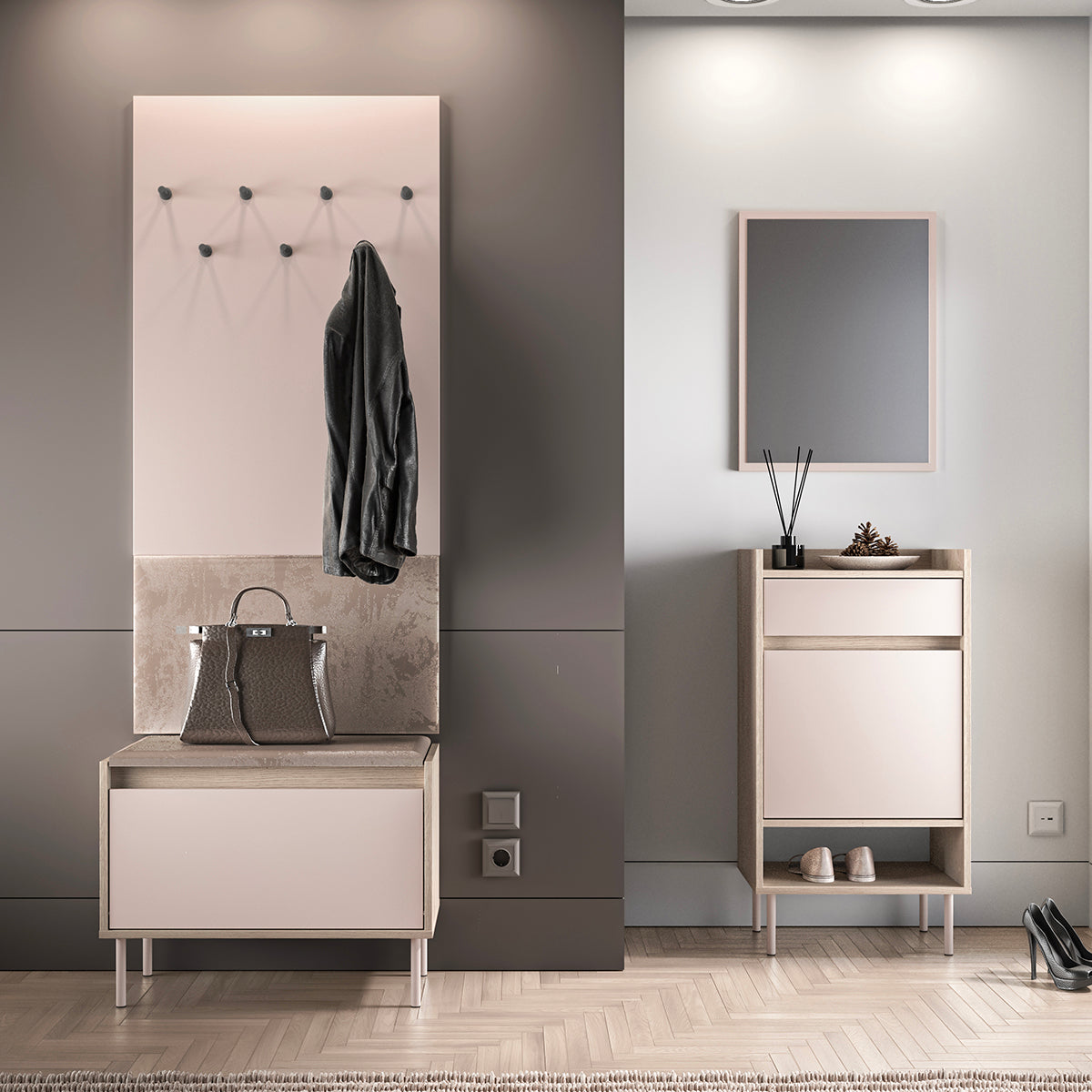 Meuble entrée porte-manteau et banc à chaussures 1 porte Alos Cachemire et Bois - vue 5