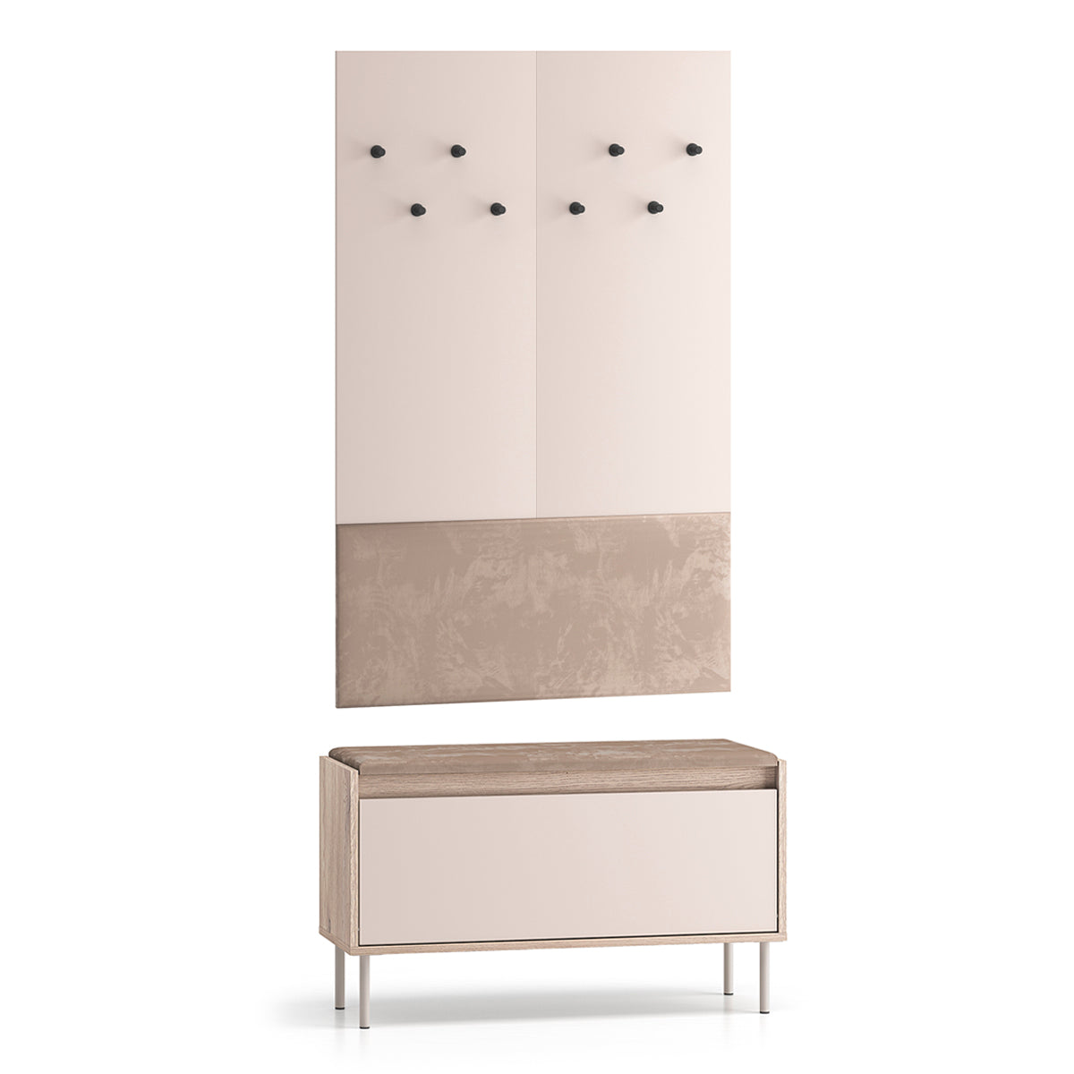 Meuble entrée porte-manteau et banc à chaussures long 1 porte Alos Cachemire et Bois