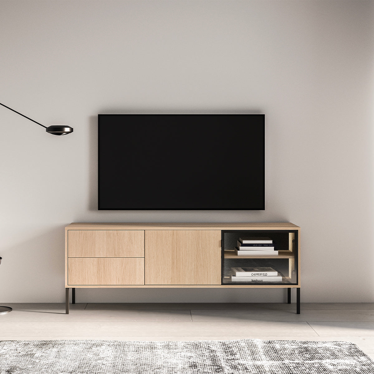 Meuble TV 2 portes 2 tiroirs 160 cm Paige Bois et Noir - vue 4