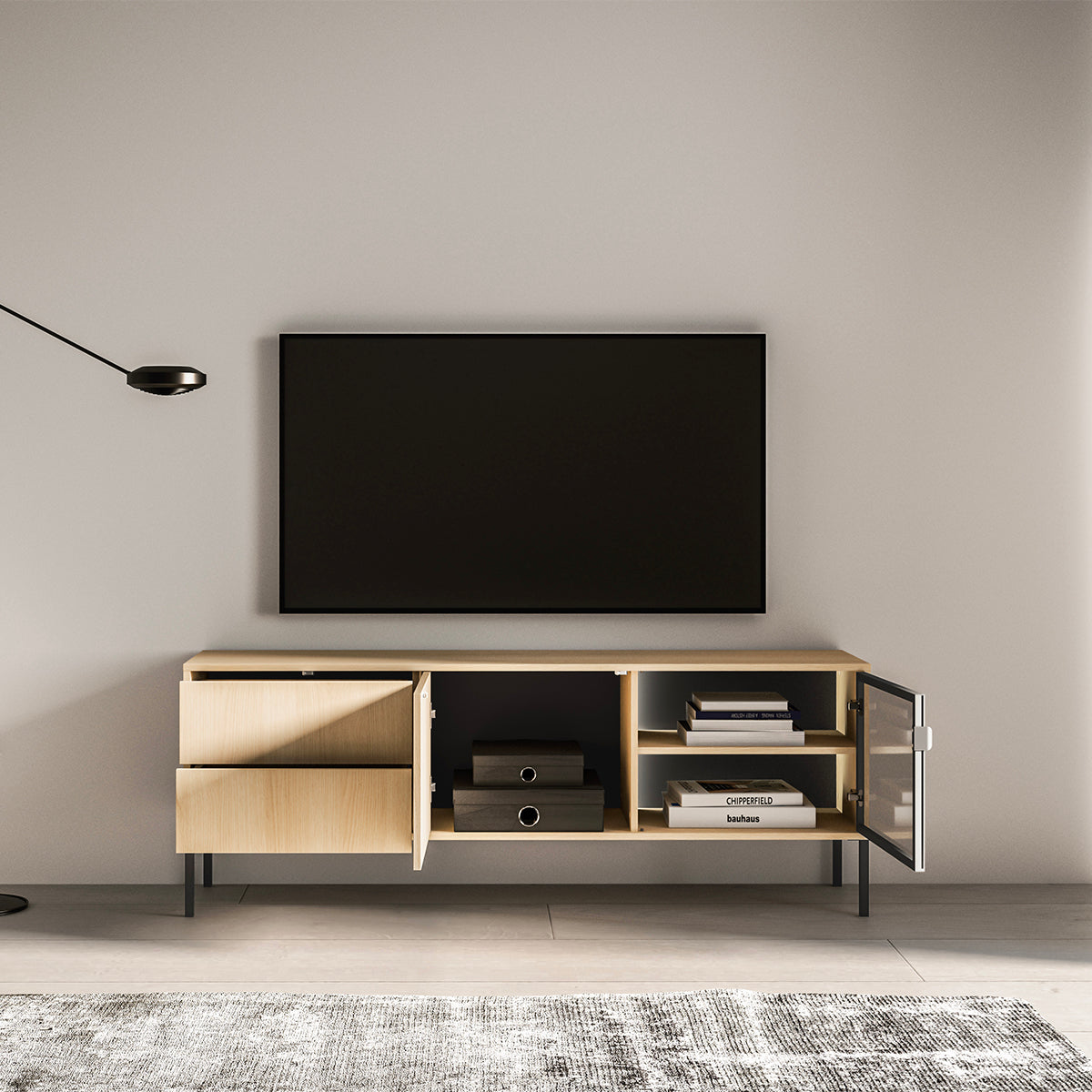 Meuble TV 2 portes 2 tiroirs 160 cm Paige Bois et Noir - vue 5