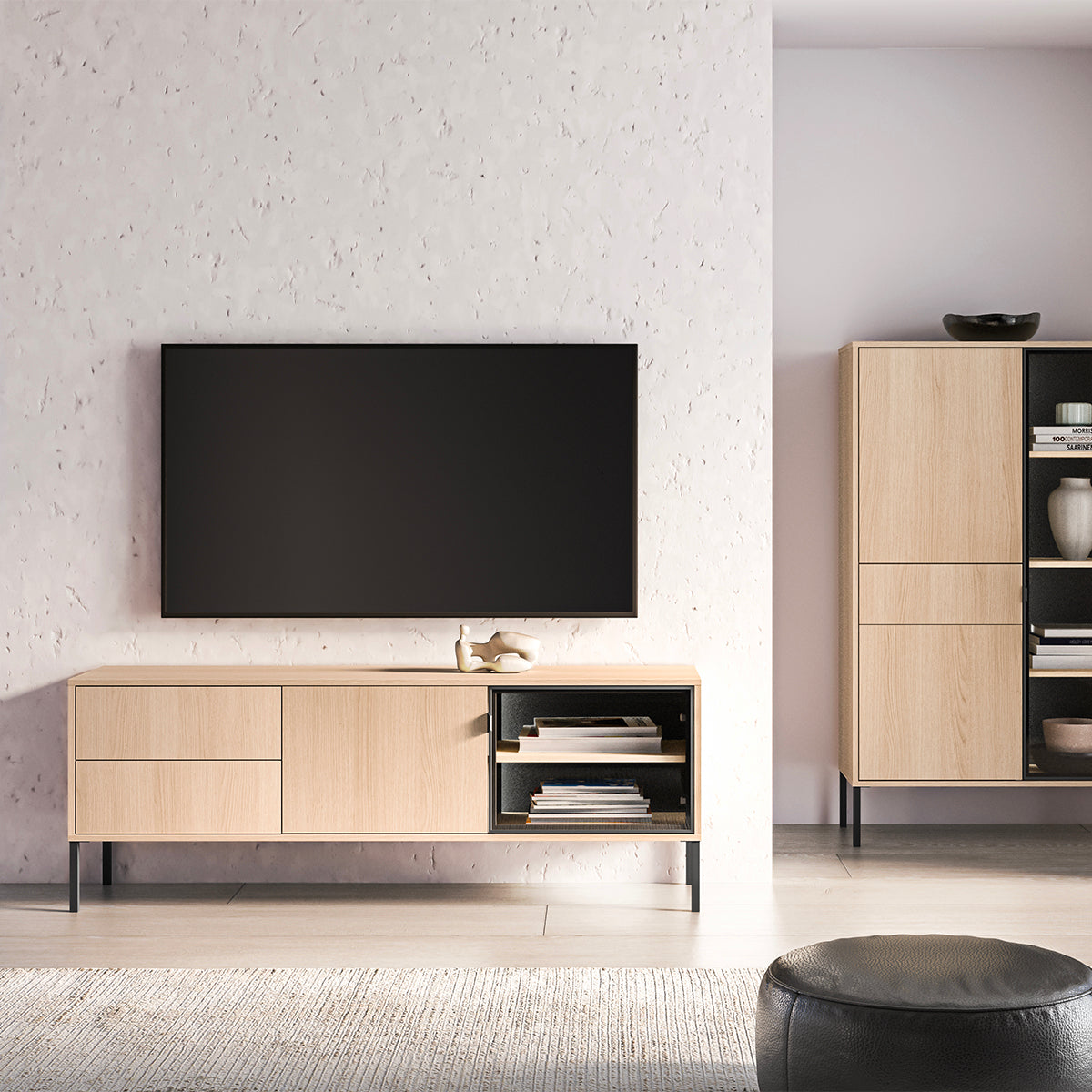 Meuble TV 2 portes 2 tiroirs 160 cm Paige Bois et Noir - vue 6