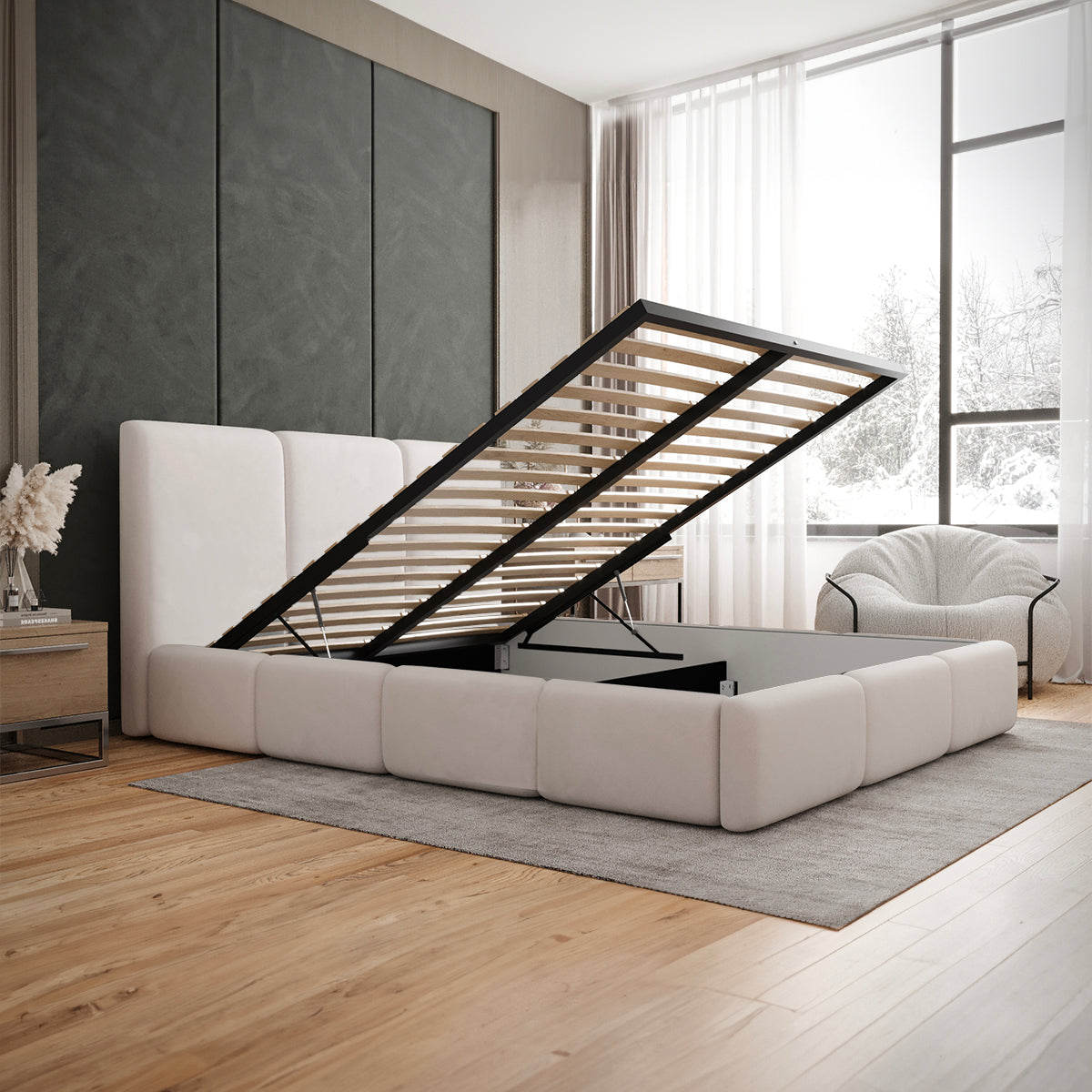 Lit coffre 160x200 sommier inclus Alto Blanc cassé - vue 3