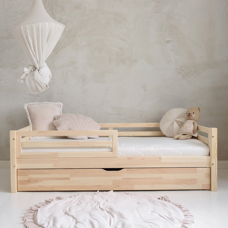 Lit 90x190 barrière sommier et tiroir inclus Myléna Bois
