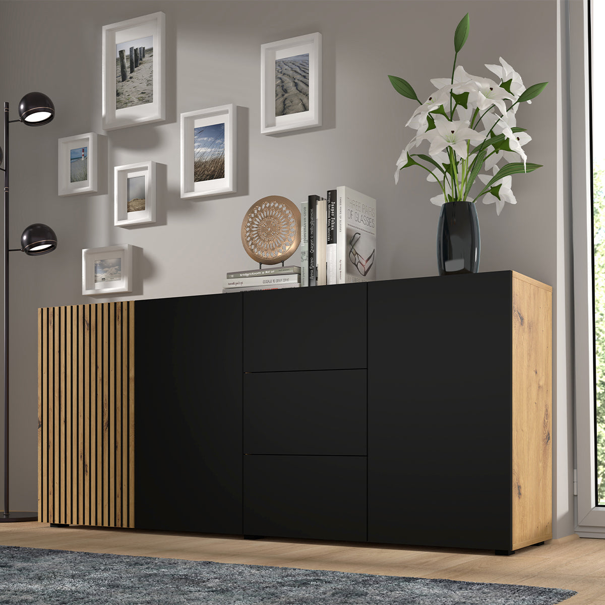 Buffet 3 portes 3 tiroirs Nera Bois et Noir - vue 3