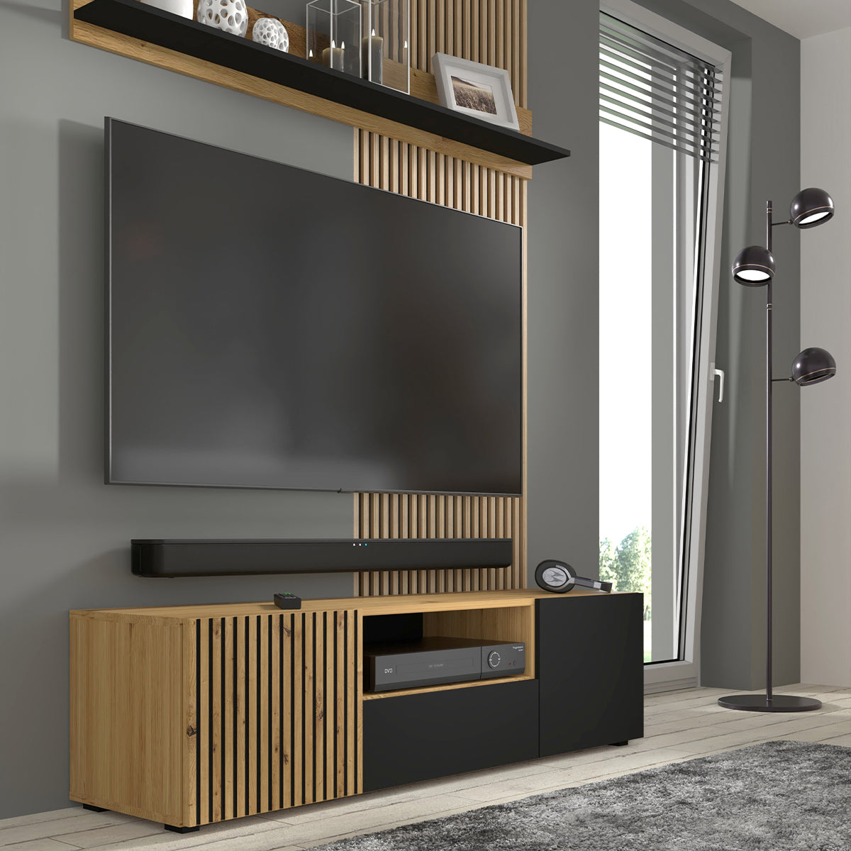 Meuble TV 3 portes 150 cm Nera Bois et Noir - vue 3