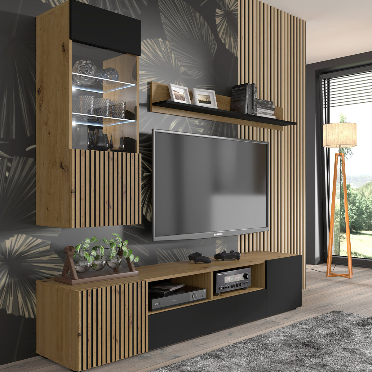 Meuble TV 3 portes 200 cm Nera Bois et Noir - vue 3