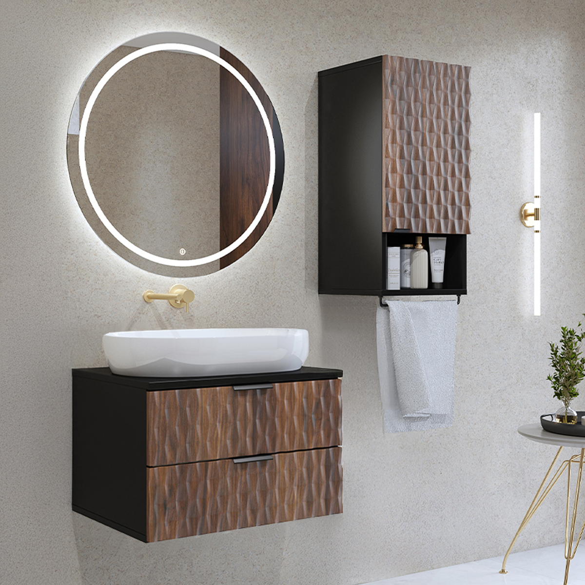 Ensemble meuble sous-vasque 60cm et armoire Nevia Bois et Noir
