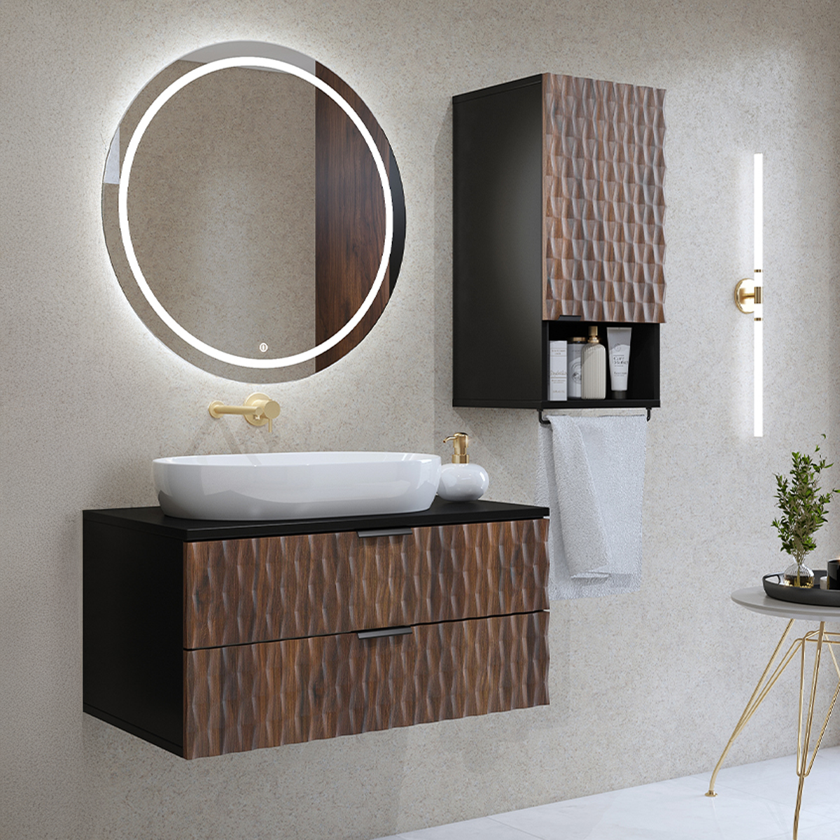 Ensemble meuble sous-vasque 80cm et armoire Nevia Bois et Noir