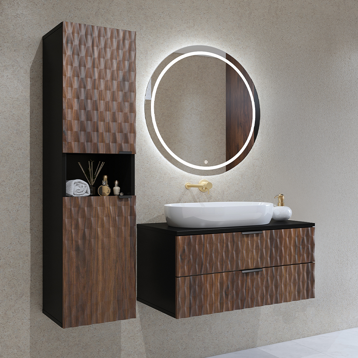 Ensemble meuble sous-vasque 80cm et colonne Nevia Bois et Noir