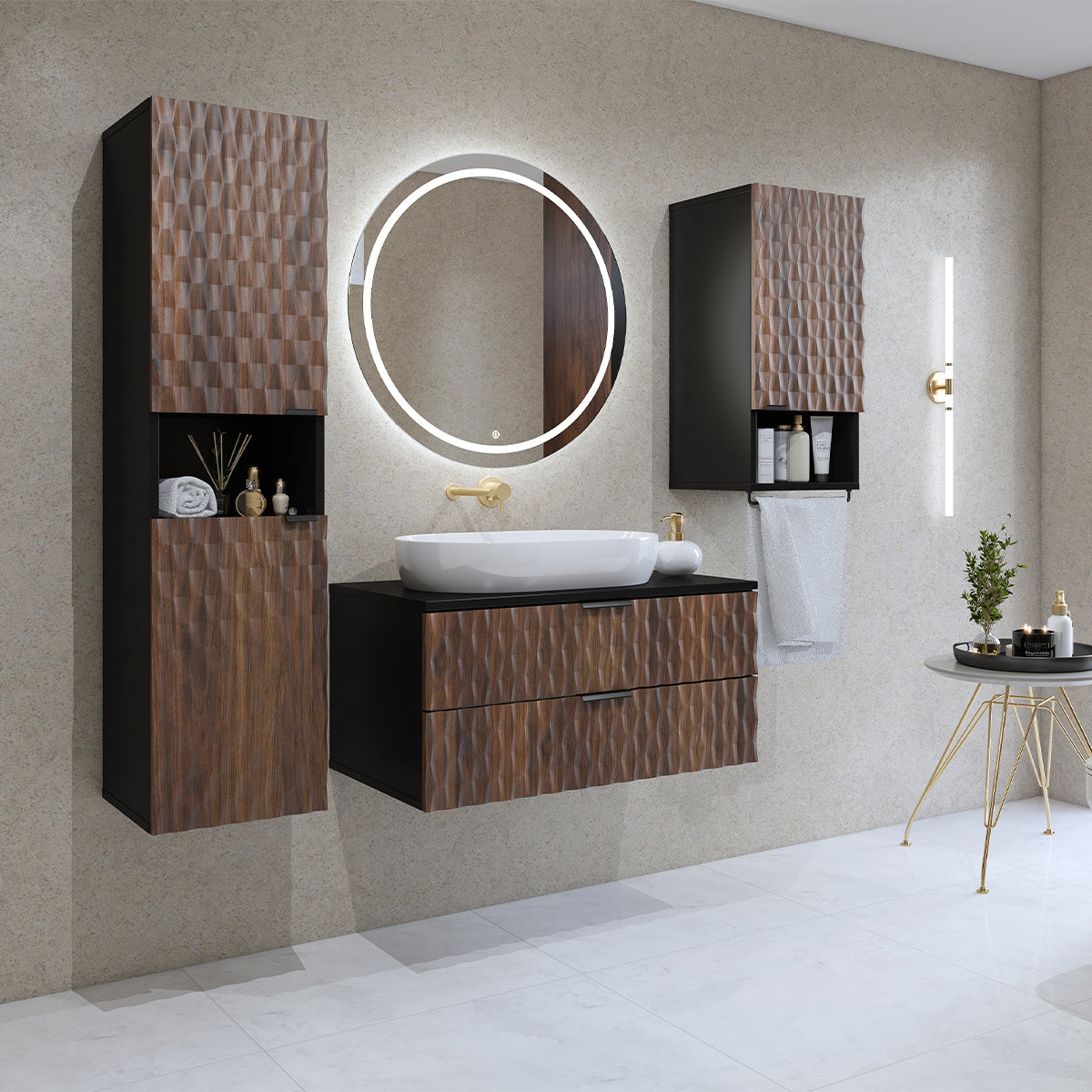 Ensemble meuble sous-vasque 80cm colonne et armoire Nevia Bois et Noir